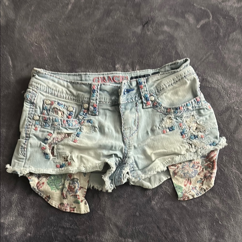 GRACE In LA Floral Embroidered Denim Shorts
